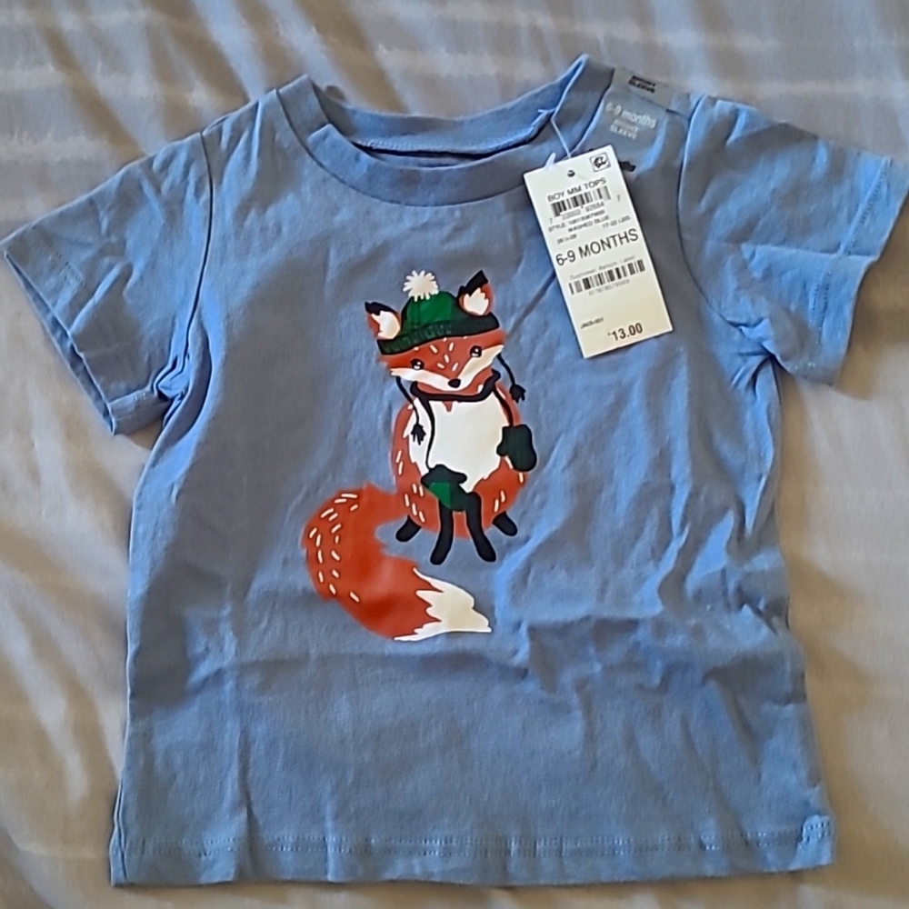 First Impressions Christmas Short Sleve Shirt, Blue, Sizes 6-9 months.